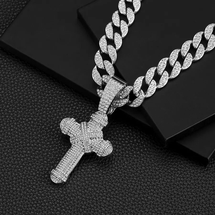 Jewelry 15mm Width Iced Cuban Chain & R.Stone Cross Pendant Necklace Size ONE SIZE - 1 Thumbnail