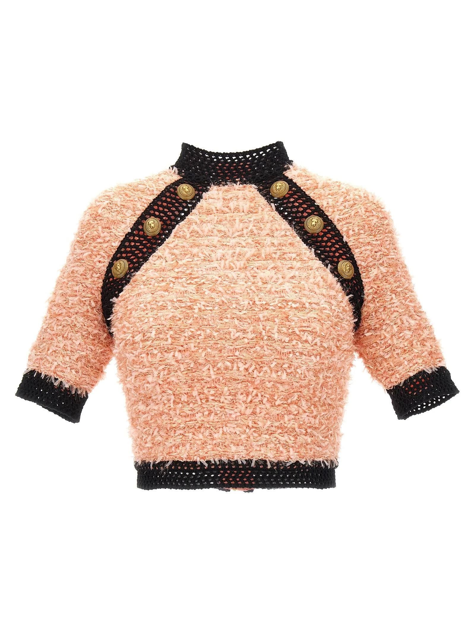 image of Balmain O1Srvl11E0524 Logo Button Tweed Top In Pink Black, Women's (Size XL)