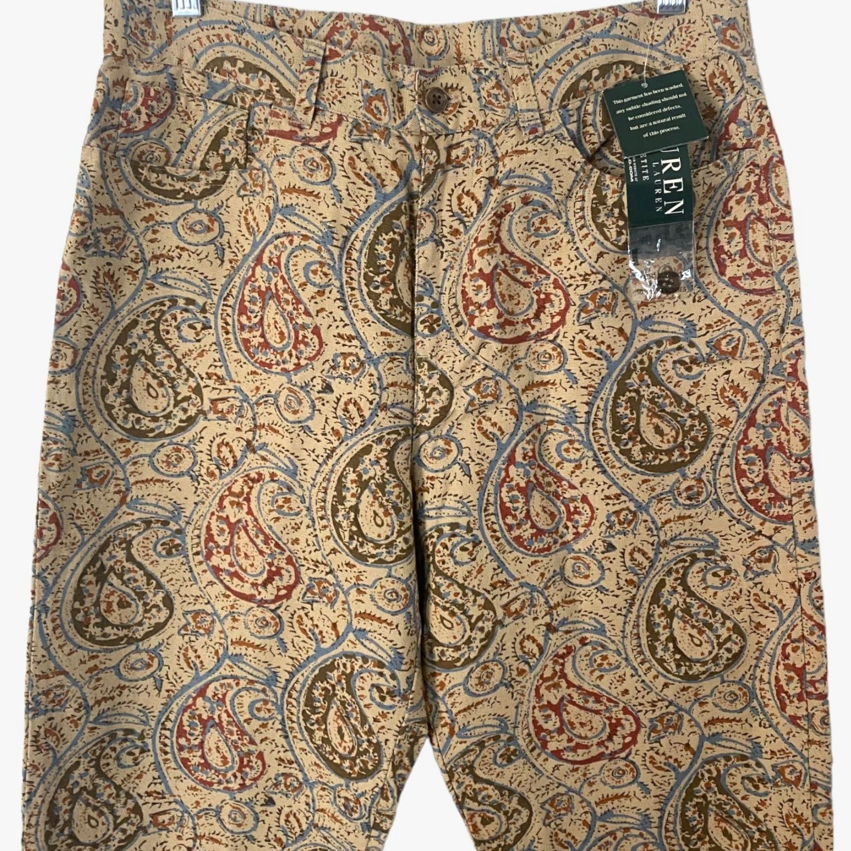 Ralph Lauren VINTAGE Lauren Ralph Lauren Pants Paisley Cropped Women's 10P Tan Linen Cotton High Rise Straight Leg 24" Inseam Womens Size 32" / US 10 / IT 46 - 5 Thumbnail