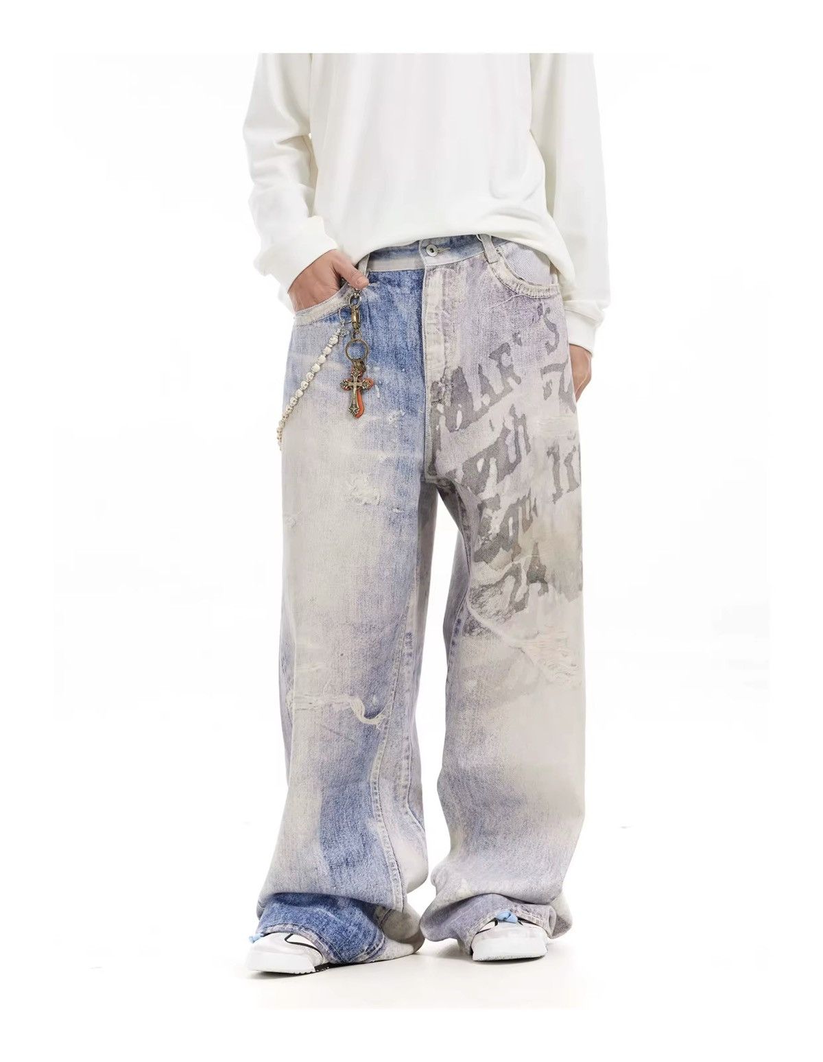 Designer × Jean Design Washed Blue Baggy Jeans Vintage Retro Size US 34 / EU 50 - 3 Thumbnail