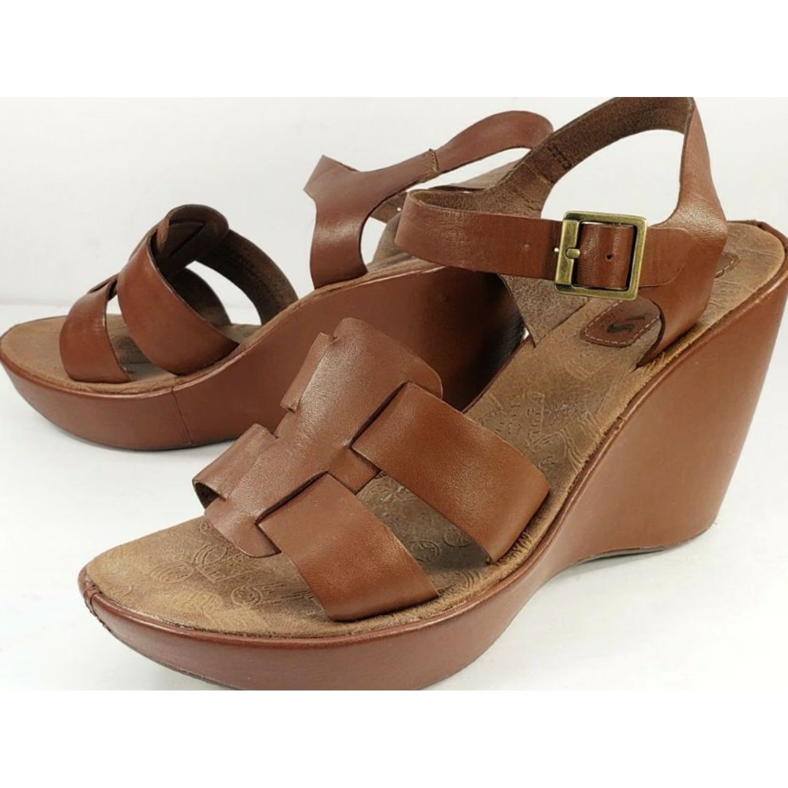 Vintage Korks by Kork-Ease Della Brown Leather Wedge Platform Sandals Women's 9M 40.5EU Green Offices? Size US 9 / IT 39 - 2 Thumbnail