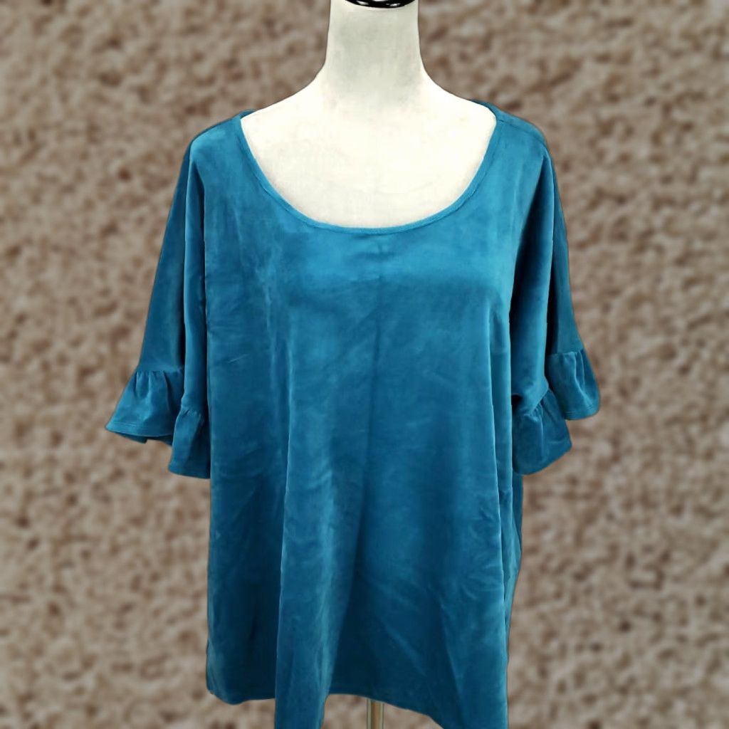 Vintage Womens Velour Top 1X Teal Flutter Sleeve Ruffle Pullover Blouse Easy Care Velour Woman Within 1X Blue Solid Classic Casual Size XL / US 12-14 / IT 48-50 - 1 Thumbnail