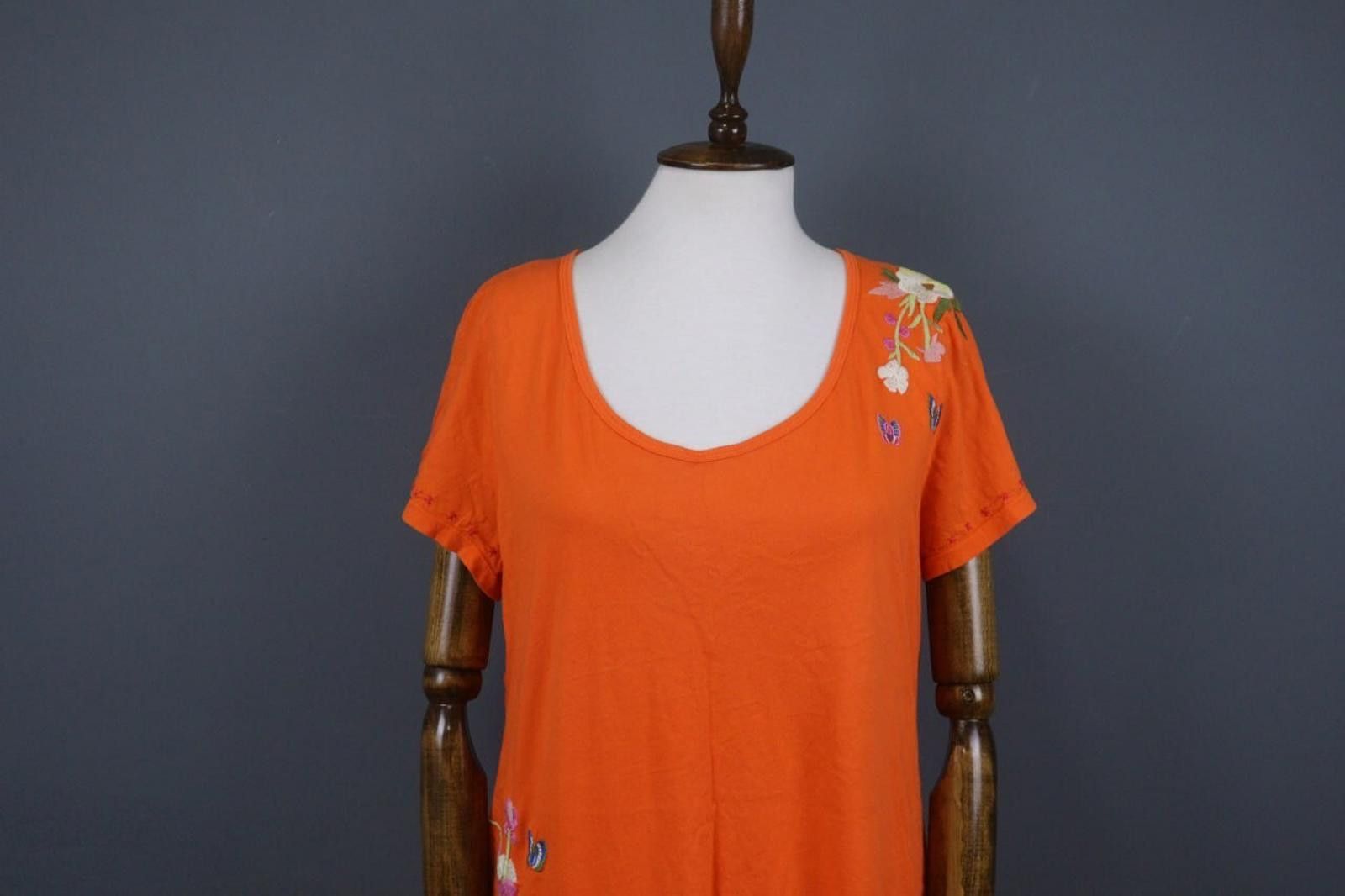Designer Johnny Was Orange Cotton Embroidered Shift Dress Size M / US 6-8 / IT 42-44 - 2 Thumbnail