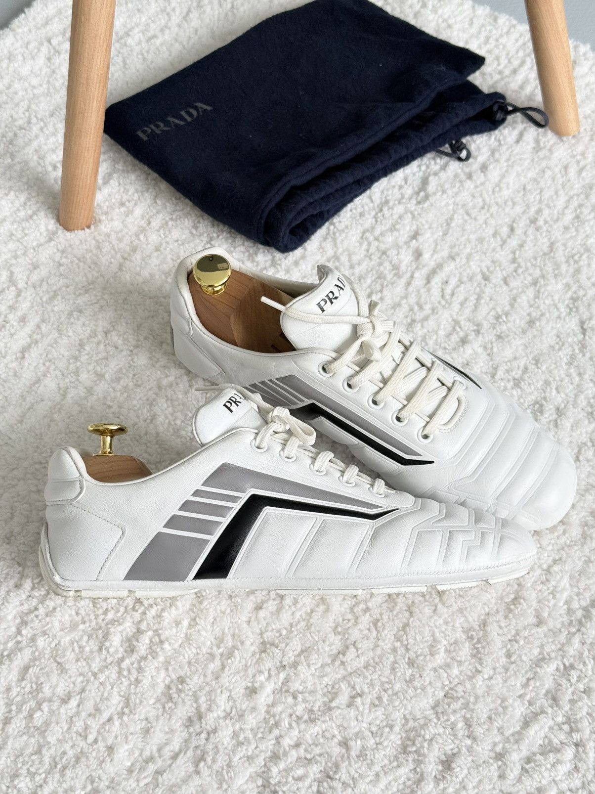Prada Prada Rev Sneakers White Padded Leather Gray Stripe Low Top Size US 9 / IT 39 - 9 Thumbnail