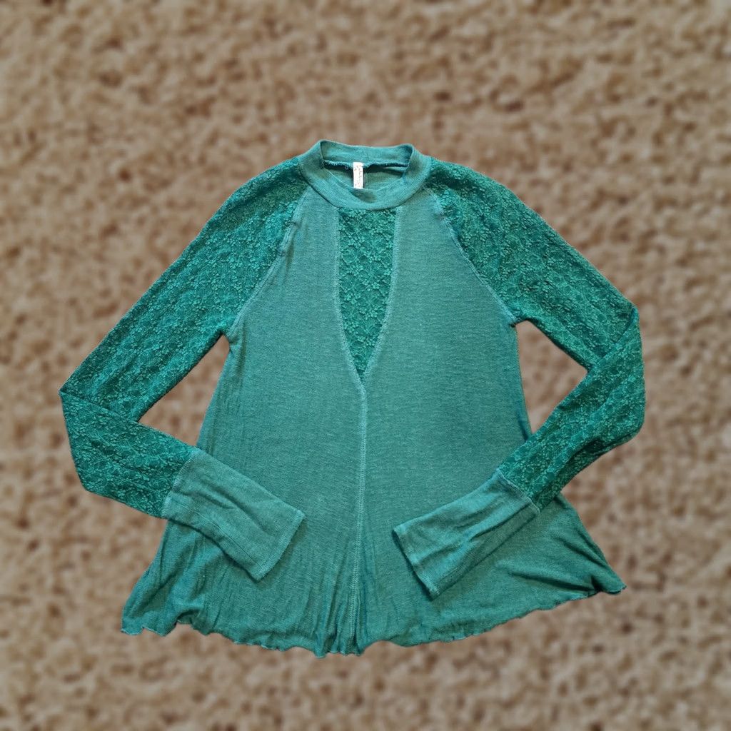 Free People Free People Top Womens Size Medium Green High Neck Lace Sleeve Holiday Casual Shirt Size M / US 6-8 / IT 42-44 - 1 Thumbnail