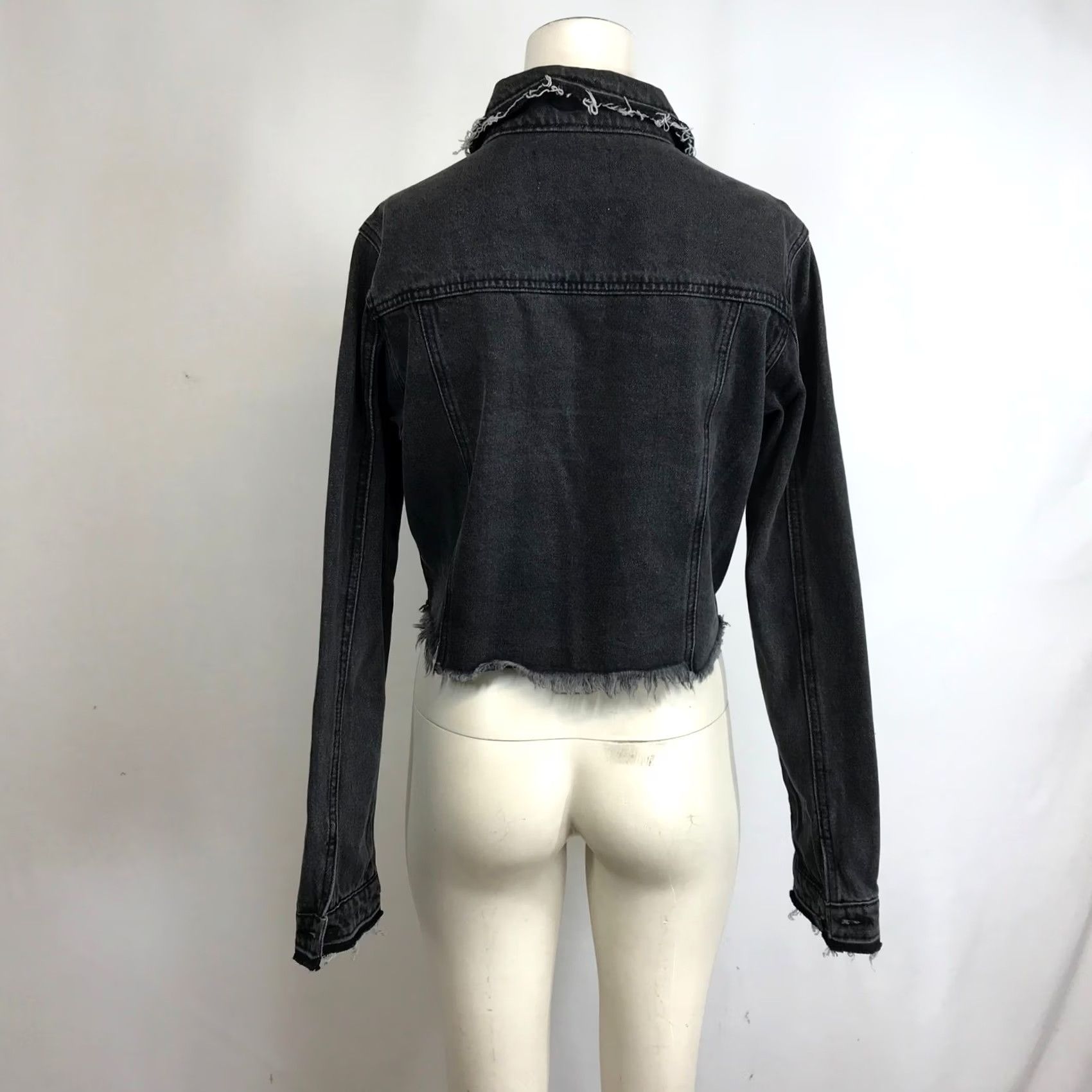 Vintage Kancan Los Angeles Distressed Denim Jacket Charcoal Grey Cropped Raw Hem Evening? Size M / US 6-8 / IT 42-44 - 5 Thumbnail
