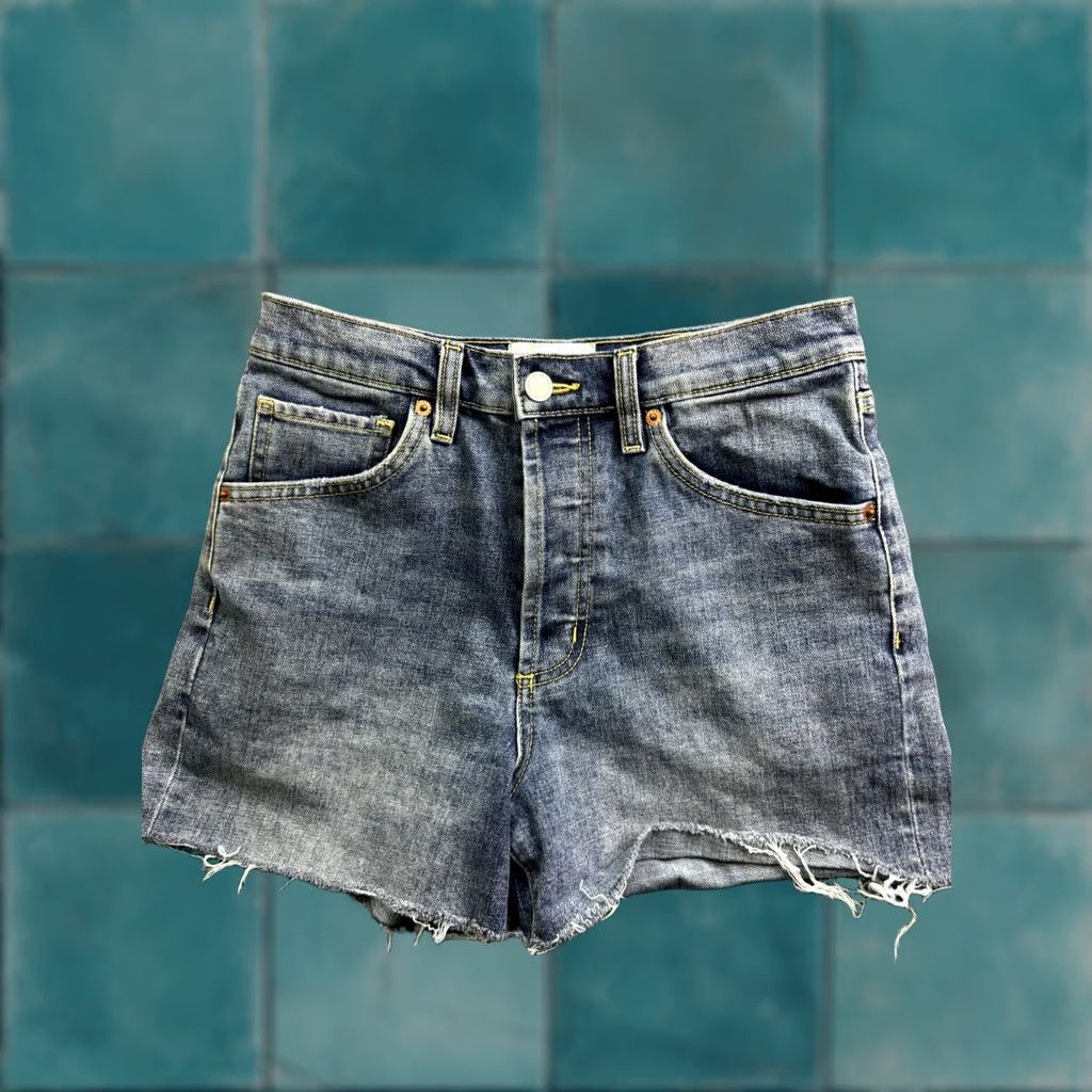 Vintage DU/ER Denim Shorts Womens 27 Blue High Rise Button Fly Cut-Off Raw Hem Stretch 5-Pocket Summer Casual Boys Girls Mens Womens Size 27" / US 4 / IT 40 - 1 Thumbnail