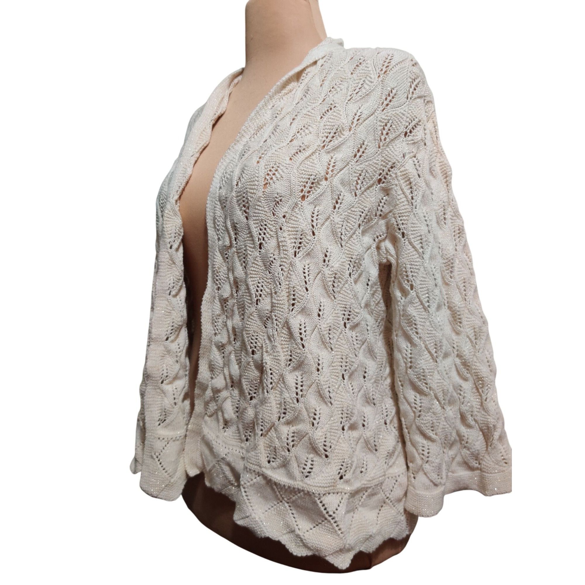 JM Collection JM Collection XL Petite Sweater Cream Metallic Open Knit Car Size XL / US 12-14 / IT 48-50 - 14 Thumbnail
