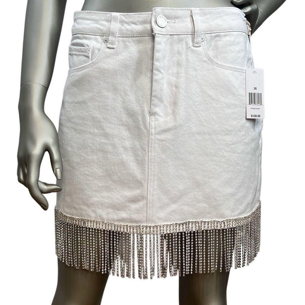 BLANKNYC Blank NYC Rhinestones Fringe Mini White Denim Skirt NWT 26 Size 26" / US 2 / IT 38 - 1 Thumbnail