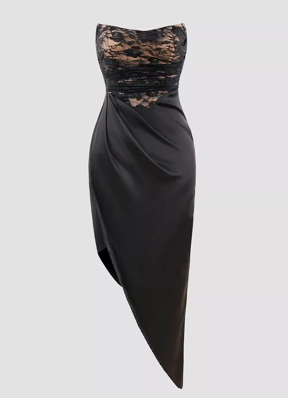 image of Vintage Sexy Strapless Rose Lace Patchwork Satin Irregular Dress in Black, Women's (Size Medium)