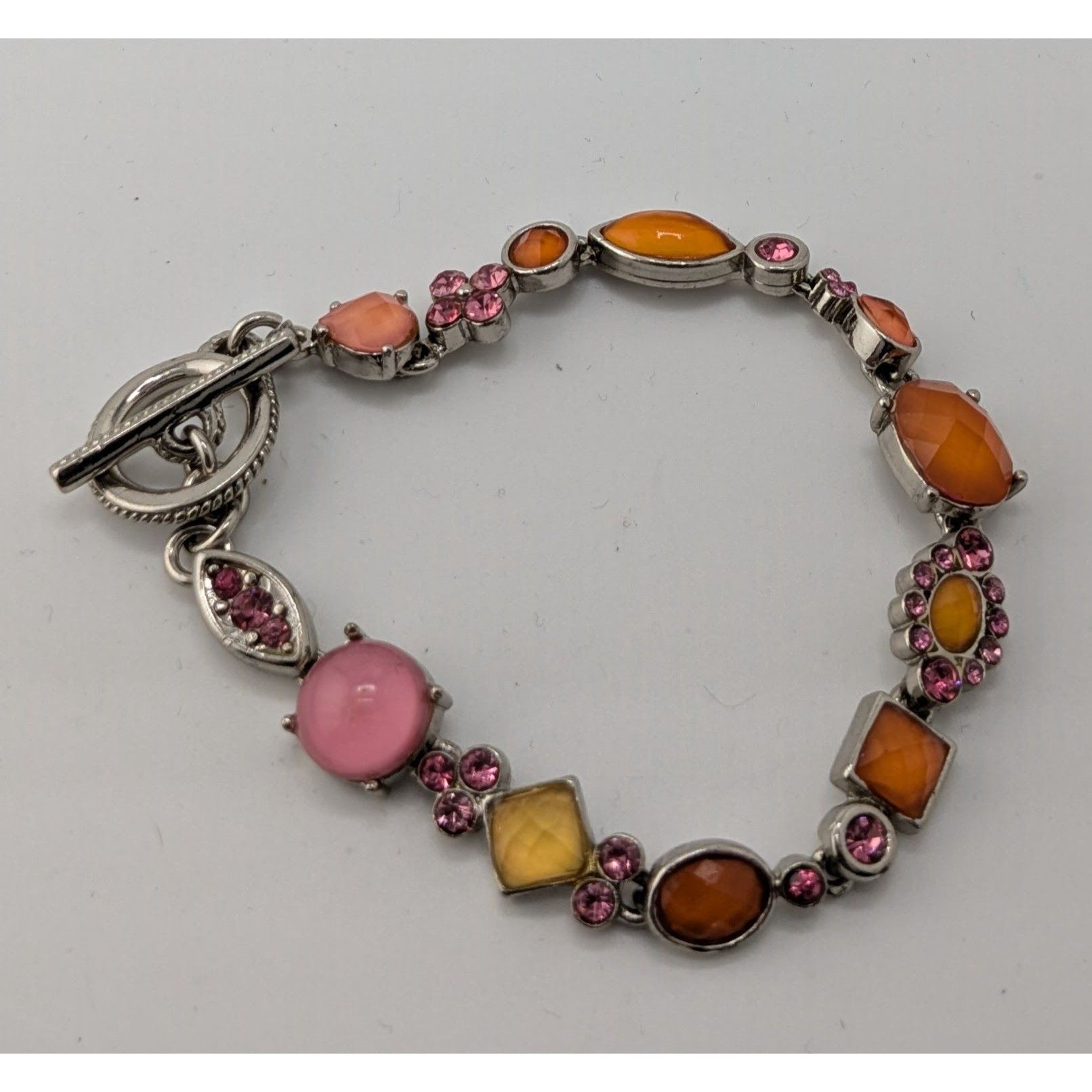Other Vintage Retro Pink And Orange Floral Multi-Stone Toggle Brac Size ONE SIZE - 5 Thumbnail