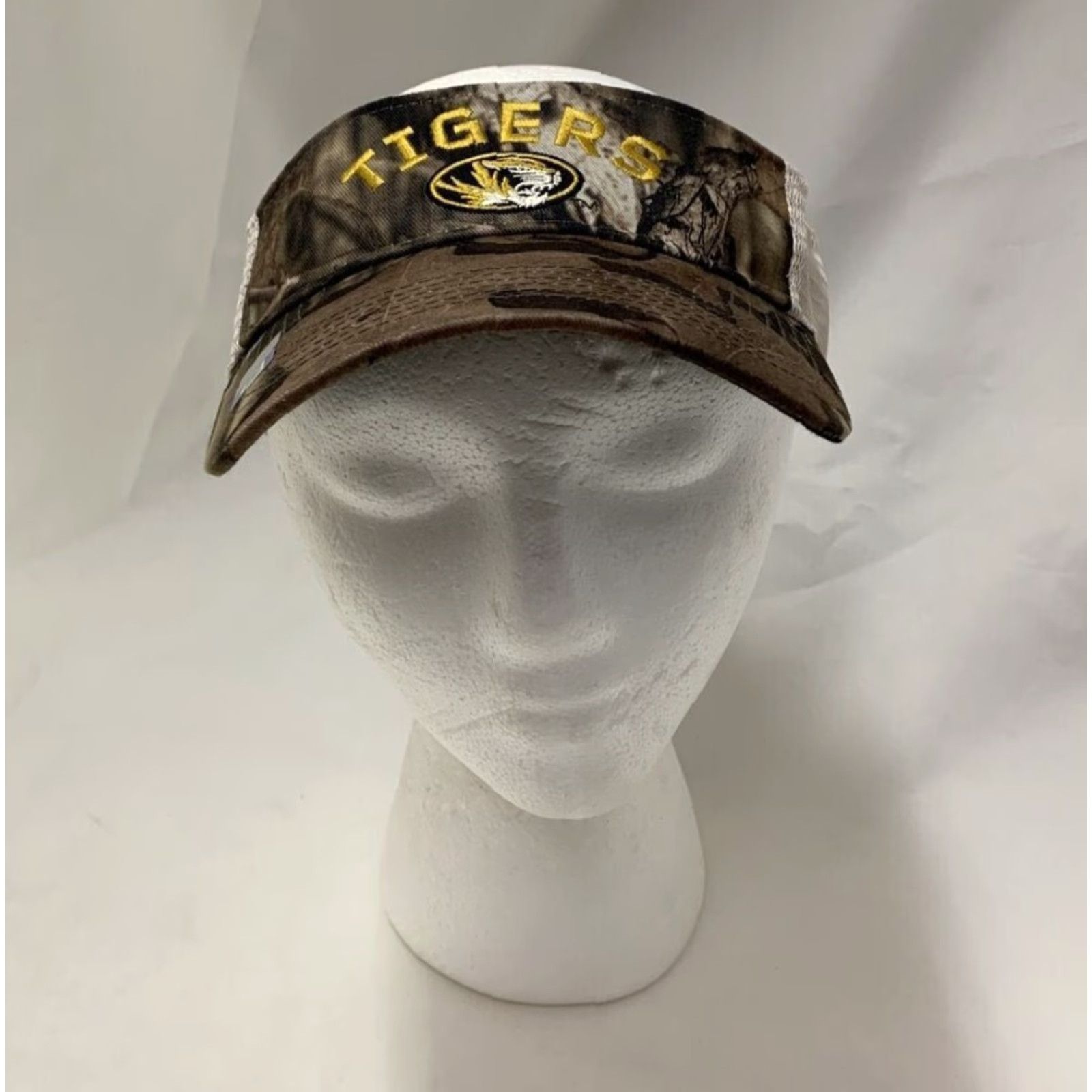 Vintage Missouri Tigers Camo Sun Visor Snap Back Mizzou Brown Cream Yellow Mossy Oak MO Unisex Adults Adjustable Camouflage Visor Cap Size ONE SIZE - 2 Thumbnail