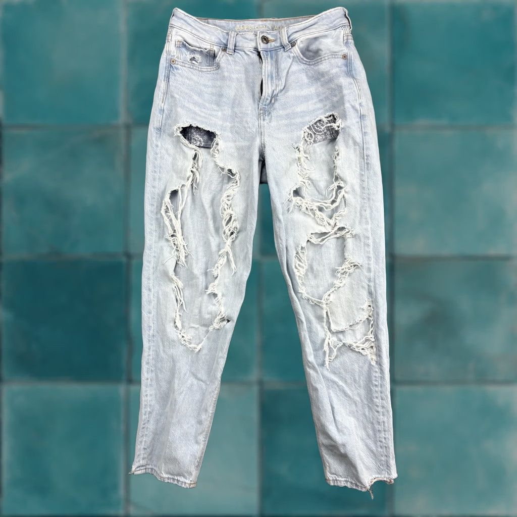 Vintage American Eagle Jeans Womens 6 Blue Mom Distressed Ripped High Rise Denim Jeans Size 28" / US 6 / IT 42 - 1 Thumbnail