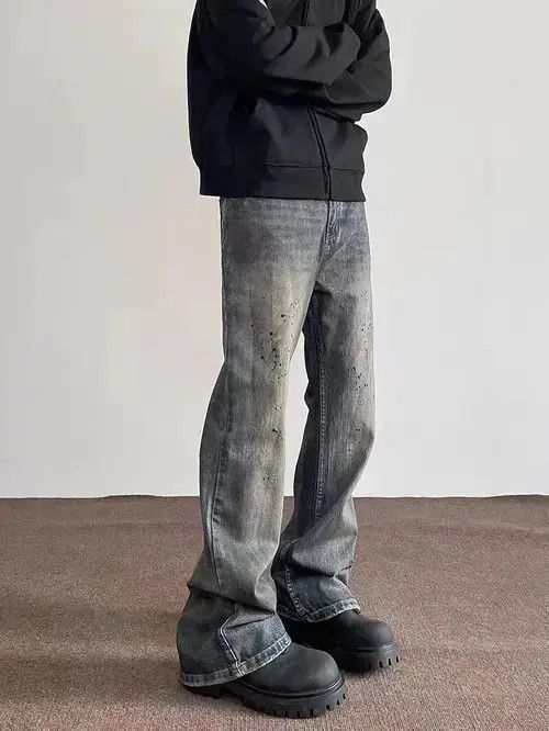 Japanese Brand × Jean Street distressed straight-leg micro-flared ink-dotted jeans Size US 32 / EU 48 - 1 Thumbnail
