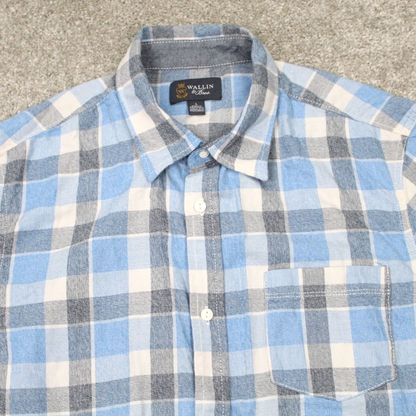 Vintage Wallin & Bros Shirt Mens Large Blue/White Plaid 100% Cotton Short Sleeve Button Up Size US L / EU 52-54 / 3 - 6 Thumbnail