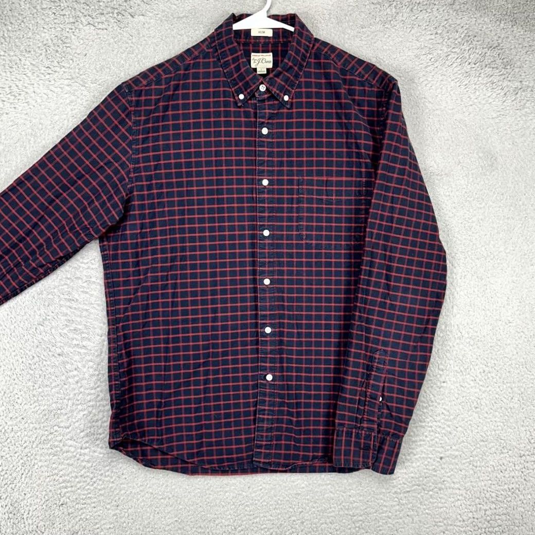J.Crew J.CREW Button-Down Shirt Mens Large Navy Red Plaid Pima Cotton Slim Fit Size US L / EU 52-54 / 3 - 4 Thumbnail