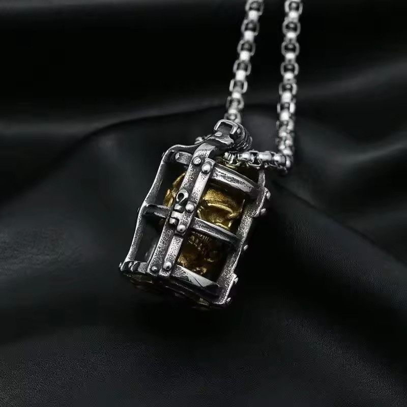 Jewelry x Skulls Punk Cage Skull Pendant Retro Gothic Necklace in Silver, Men's