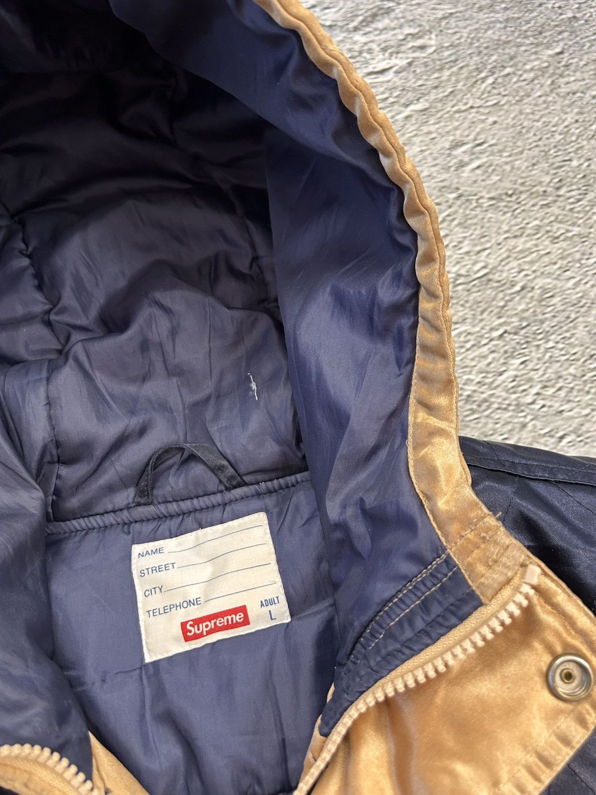 Supreme Supreme Quilted Satin Gold/Navy Parka Jacket Big Logo AW14 Size US L / EU 52-54 / 3 - 7 Thumbnail