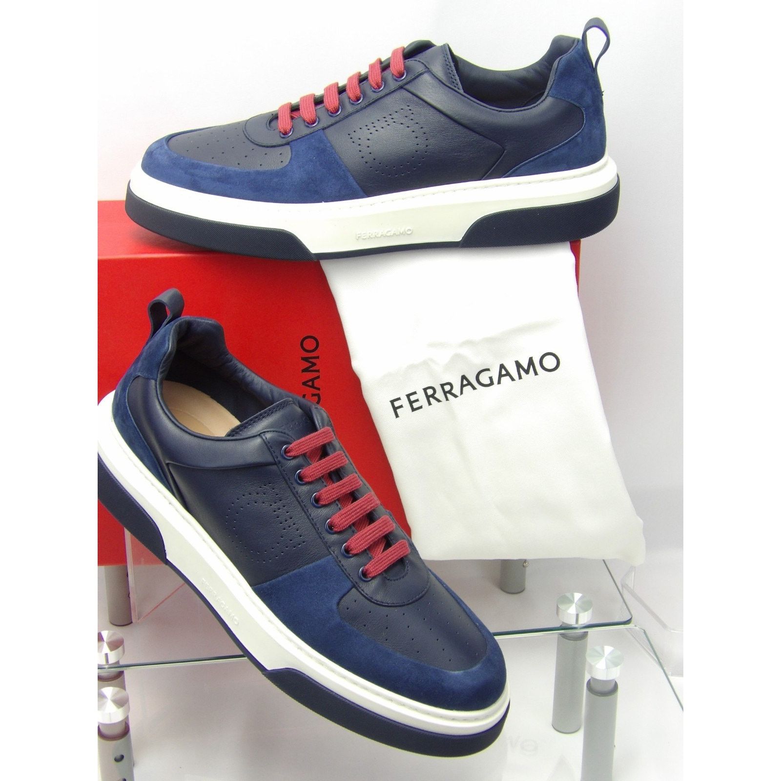 Salvatore Ferragamo FERRAGAMO CASSINA BLUE LEATHER LOGO SNEAKERS 11.5 M ITALY Size US 12.5 / EU 45-46 - 1 Thumbnail