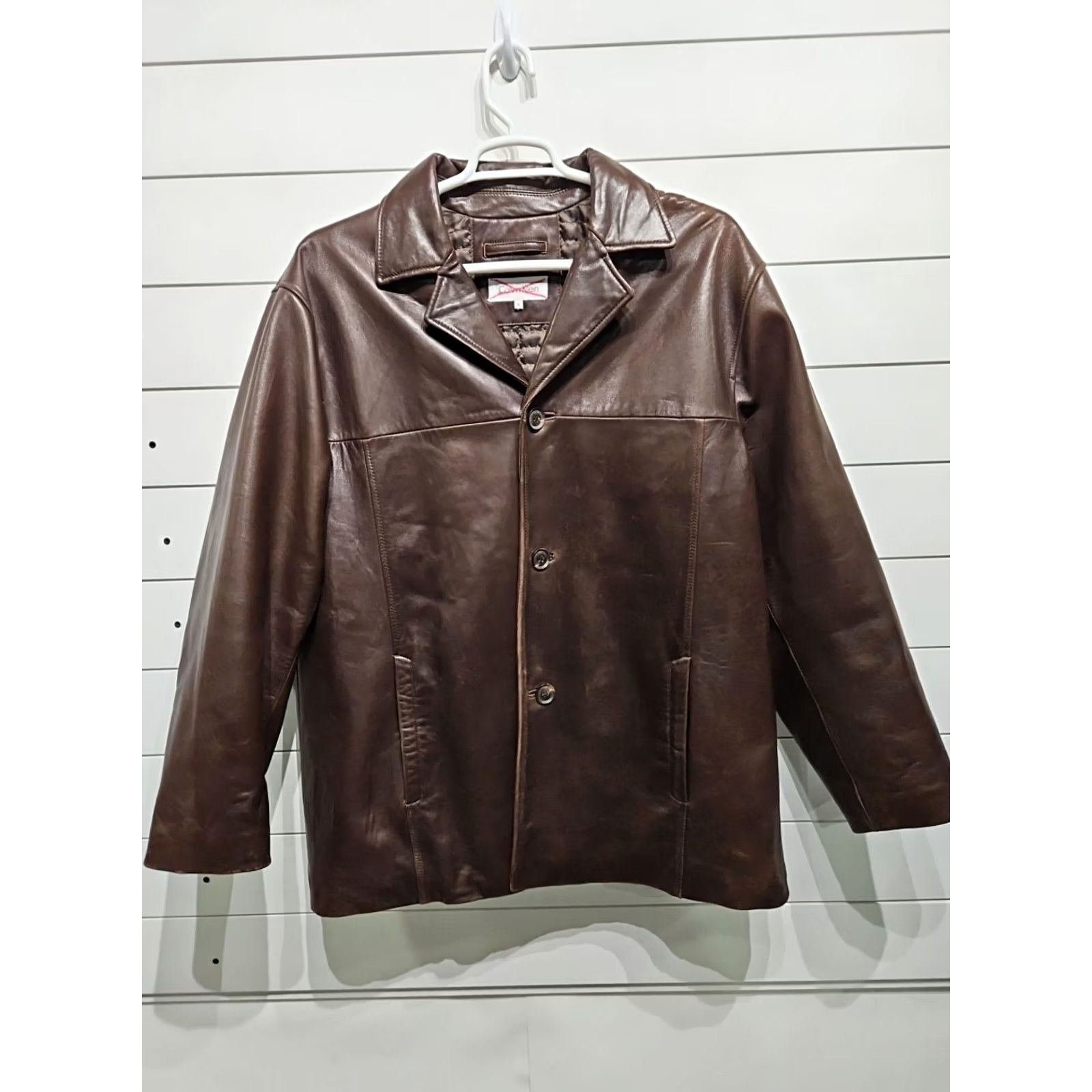 Calvin Klein VTG Calvin Klein Leather Long Jacket Coat Mens XL 4 Button Brown Leather Blazer Vintage Parka Short Shoulder 22" Mapprox Mens Size US XL / EU 56 / 4 - 2 Thumbnail