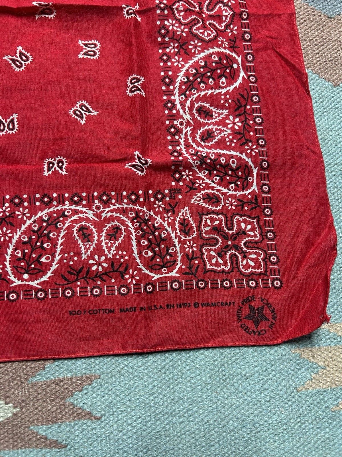 Vintage Vtg wamcraft bandana handkerchief paisley geometric work USA Size ONE SIZE - 2 Thumbnail