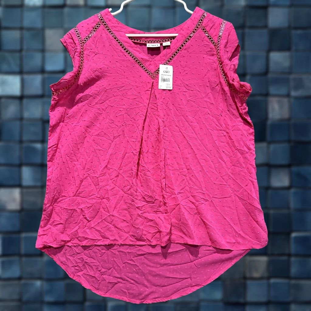 Vintage Cato Blouse Women Large Pink Polka Dot V-Neck Cap Sleeve 100% Rayon Size L / US 10 / IT 46 - 1 Thumbnail
