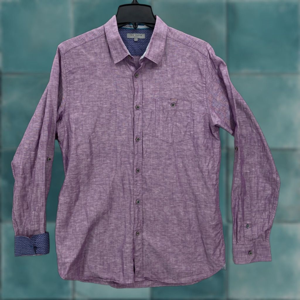 Ted Baker Ted Baker London Button Front Shirt Mens Sz 4 Purple Linen Contrast Cuff Roll Up Shirt Size US S / EU 44-46 / 1 - 1 Thumbnail