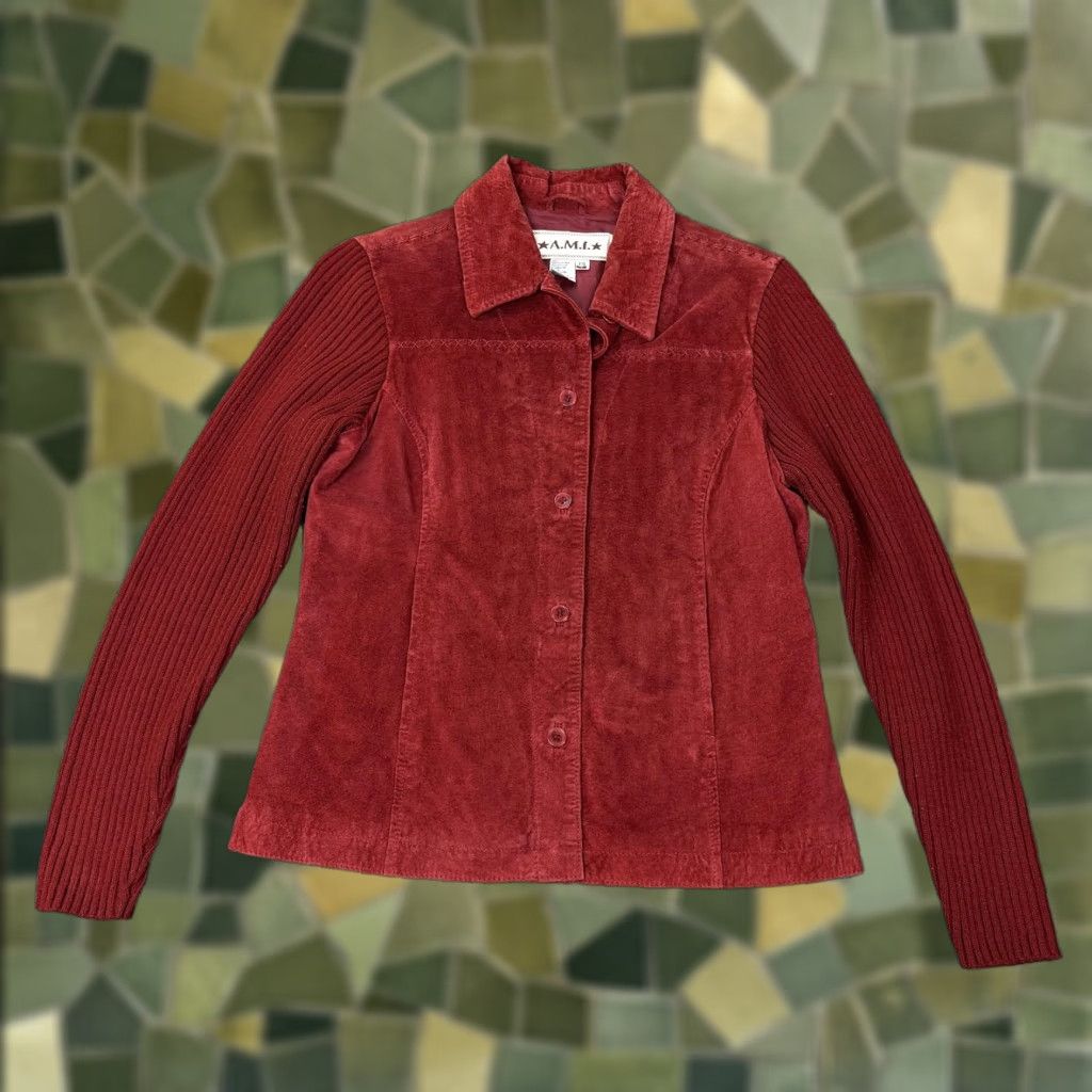 Vintage A.M.I Leather Jacket Womens Petite Small Red Suede Knit Sleeve Button Front Size S / US 4 / IT 40 - 1 Thumbnail