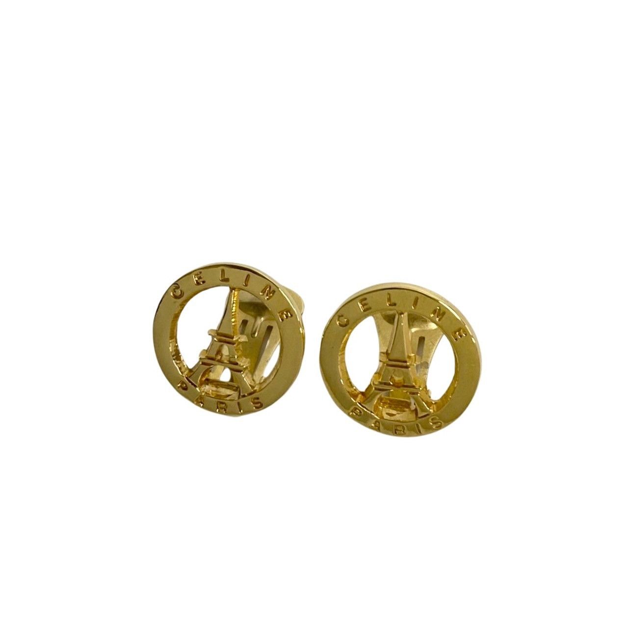 image of Celine Eiffel Tower Motif Clip On Earrings in Gold, Women's