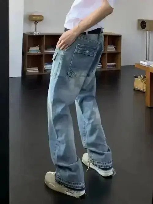 Jean Blue baggy faded hiphop flared cargo jeans Size US 32 / EU 48 - 3 Thumbnail