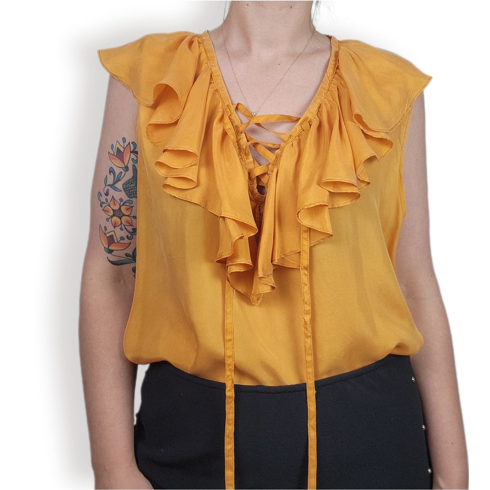 Vintage Orange Silk Ruffle Lace Up Top Soft Surprise Large Size L / US 10 / IT 46 - 1 Thumbnail