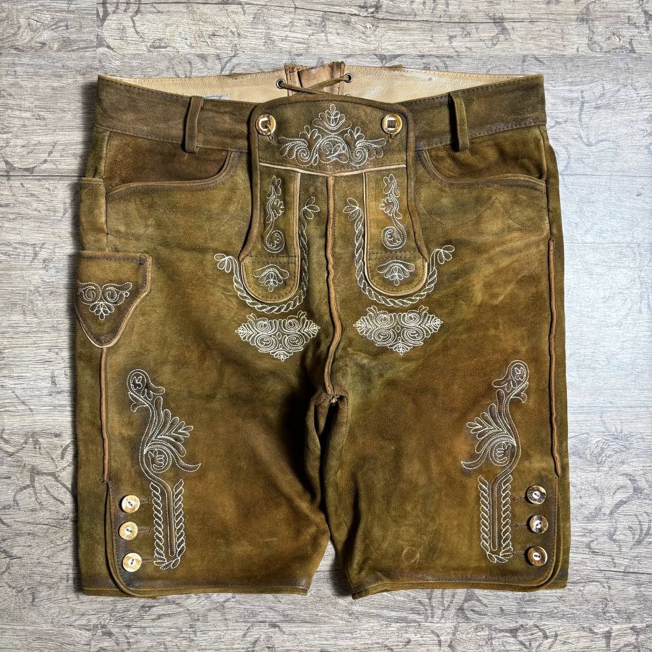 Cowboy Equipment Lederhosen German Brown Leather Retro Shorts sz 50 (34) Size US 34 / EU 50 - 2 Thumbnail