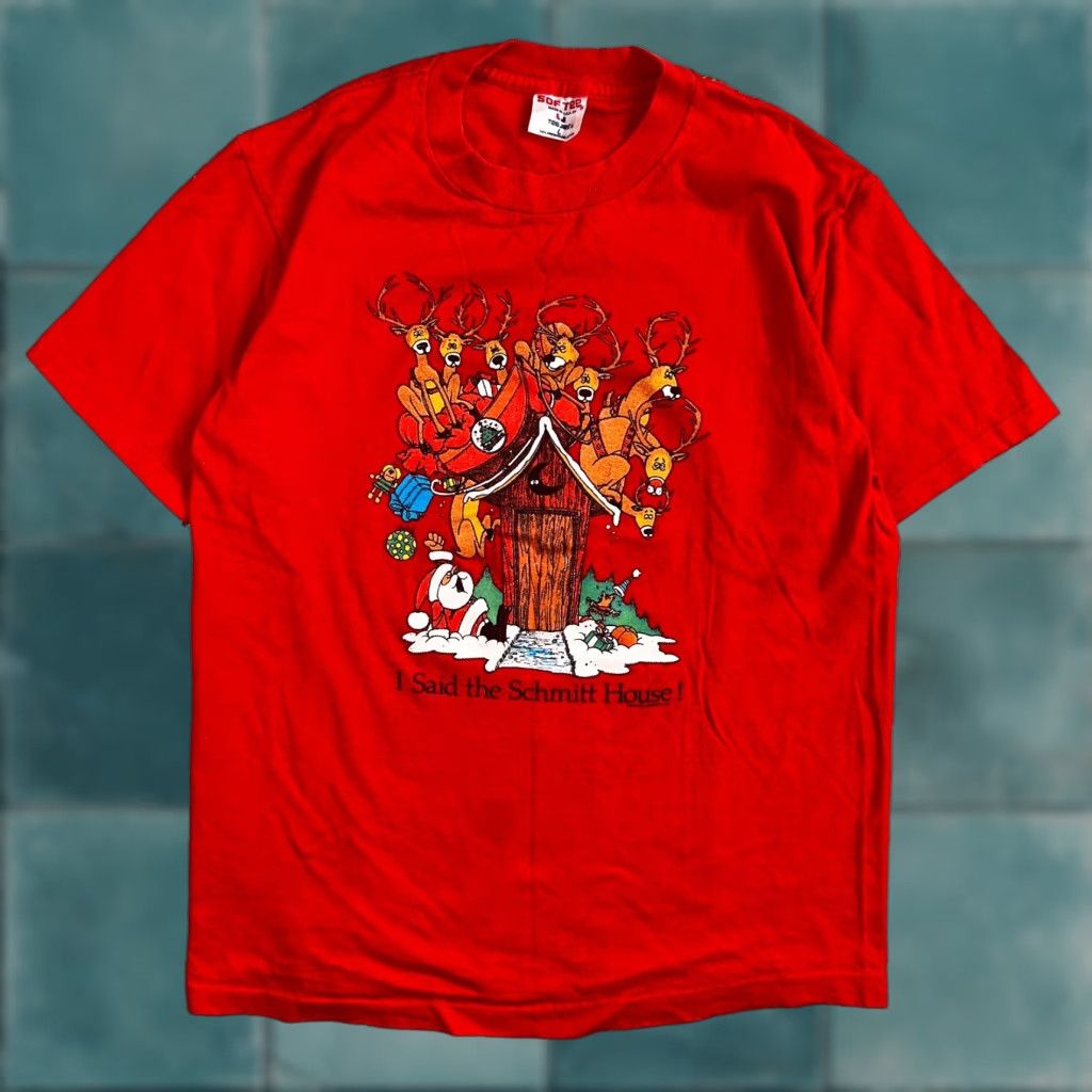 VINTAGE Teejays Christmas Funny Reindeer 80s T Shirt Men's L Red Crew Neck Short Sleeve Holiday Santa Joke Lol Garments