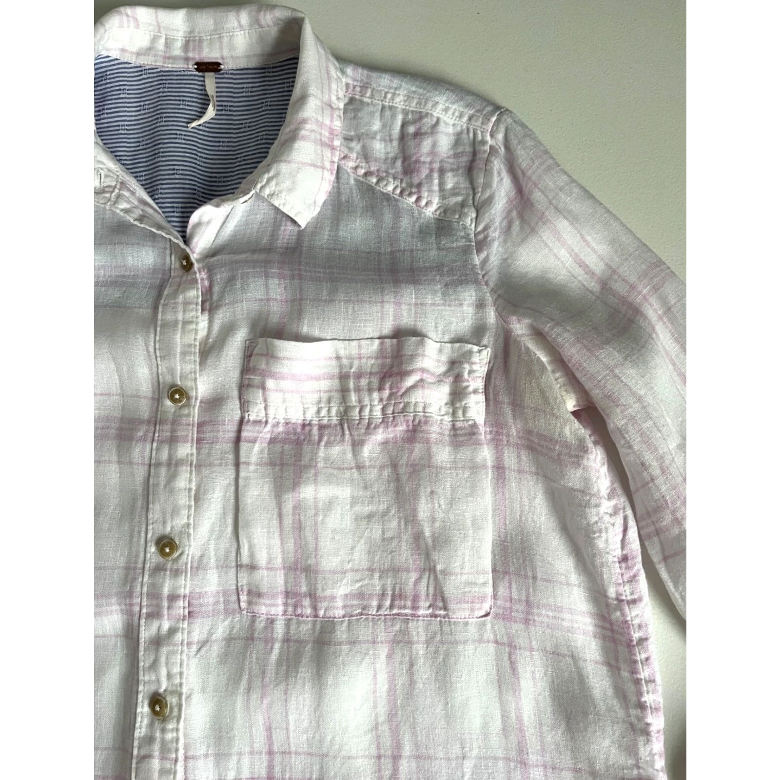 Free People VINTAGE Free People Women's No Limits Oversized Button-Up Linen Shirt Plaid XS White Pink Bohemian 90s Womens Size XS / US 0-2 / IT 36-38 - 5 Thumbnail