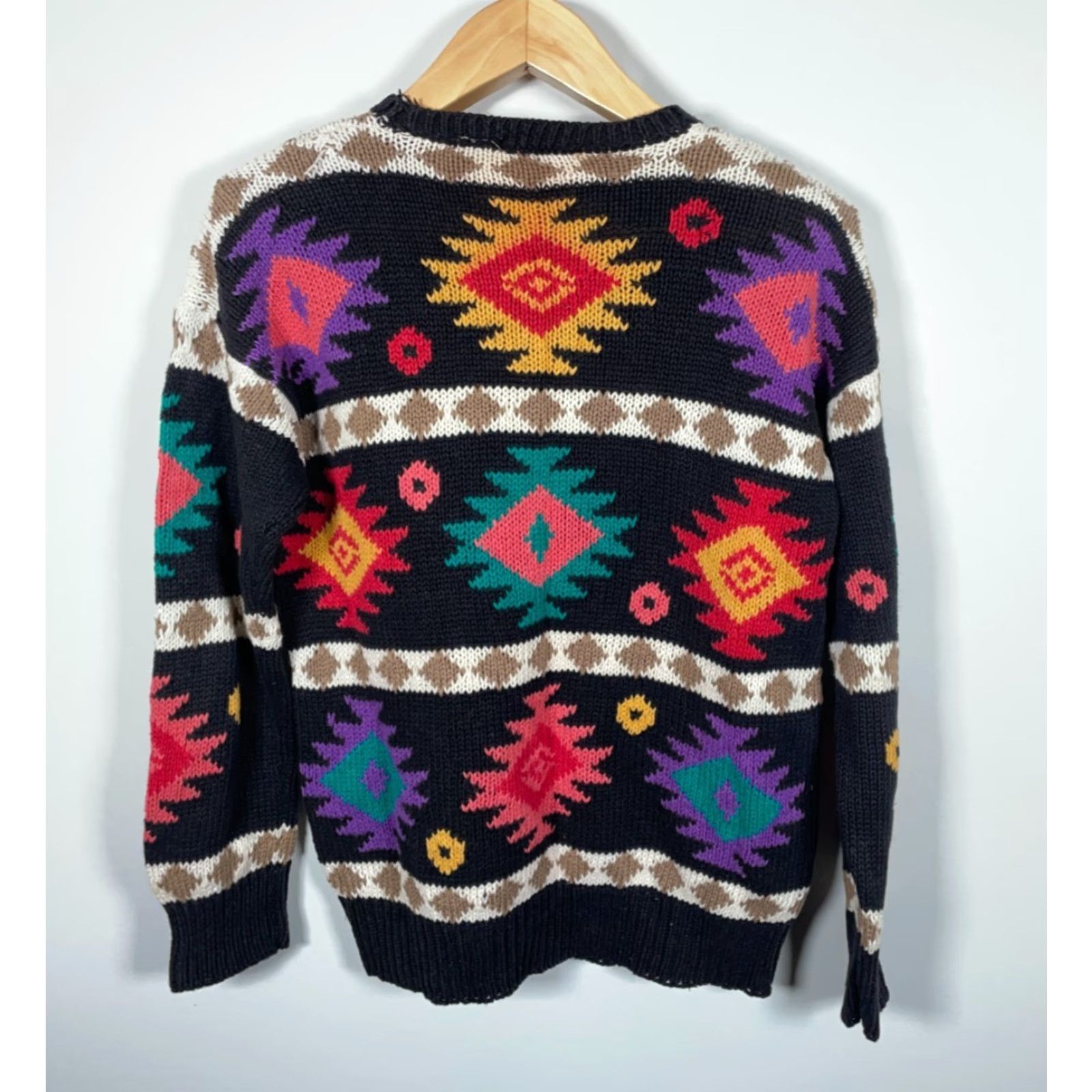 Vintage VINTAGE Geometric Sweater Women's Large Black 90s Aztec Southwestern Pattern Chunky-Knit Ramie Cotton Blend Crew Neck Pullover Size L / US 10 / IT 46 - 2 Thumbnail