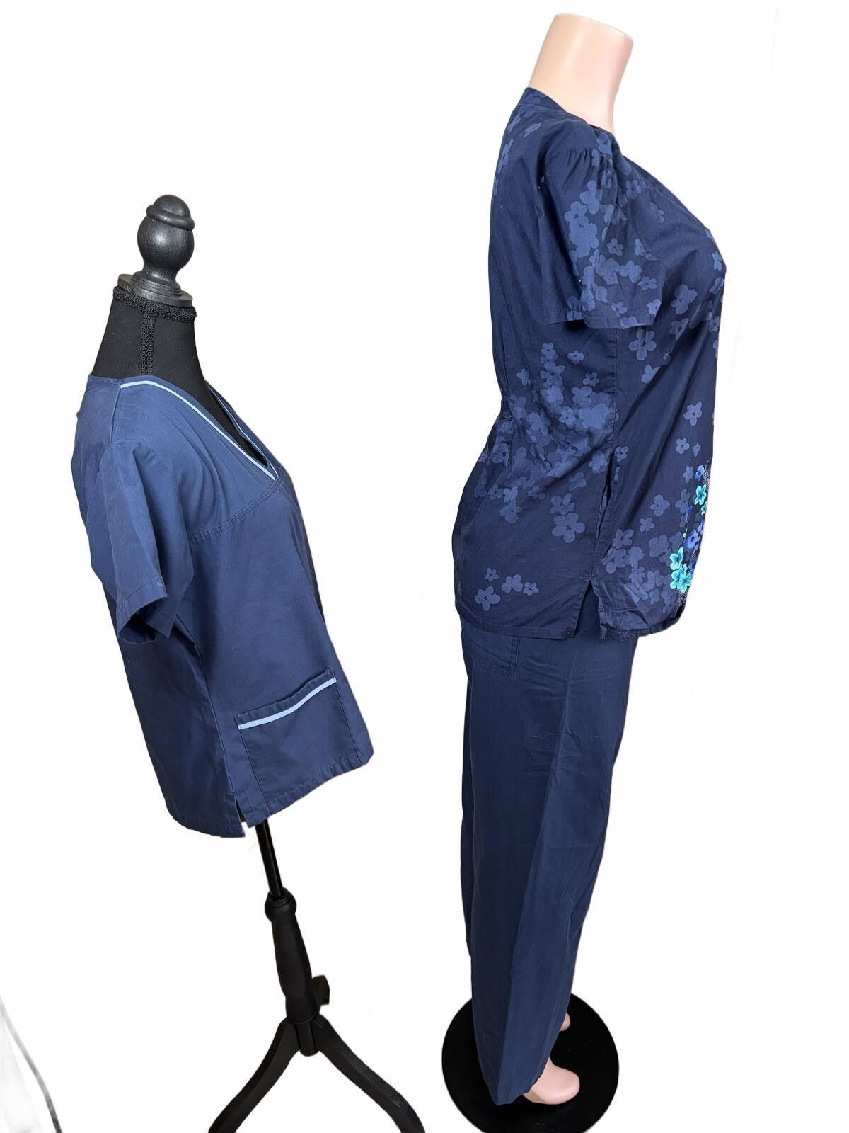 Other Nurse Scrub Bundle Set 2 Tops 1 Pant Navy Floral Small Size 28" / US 6 / IT 42 - 3 Thumbnail