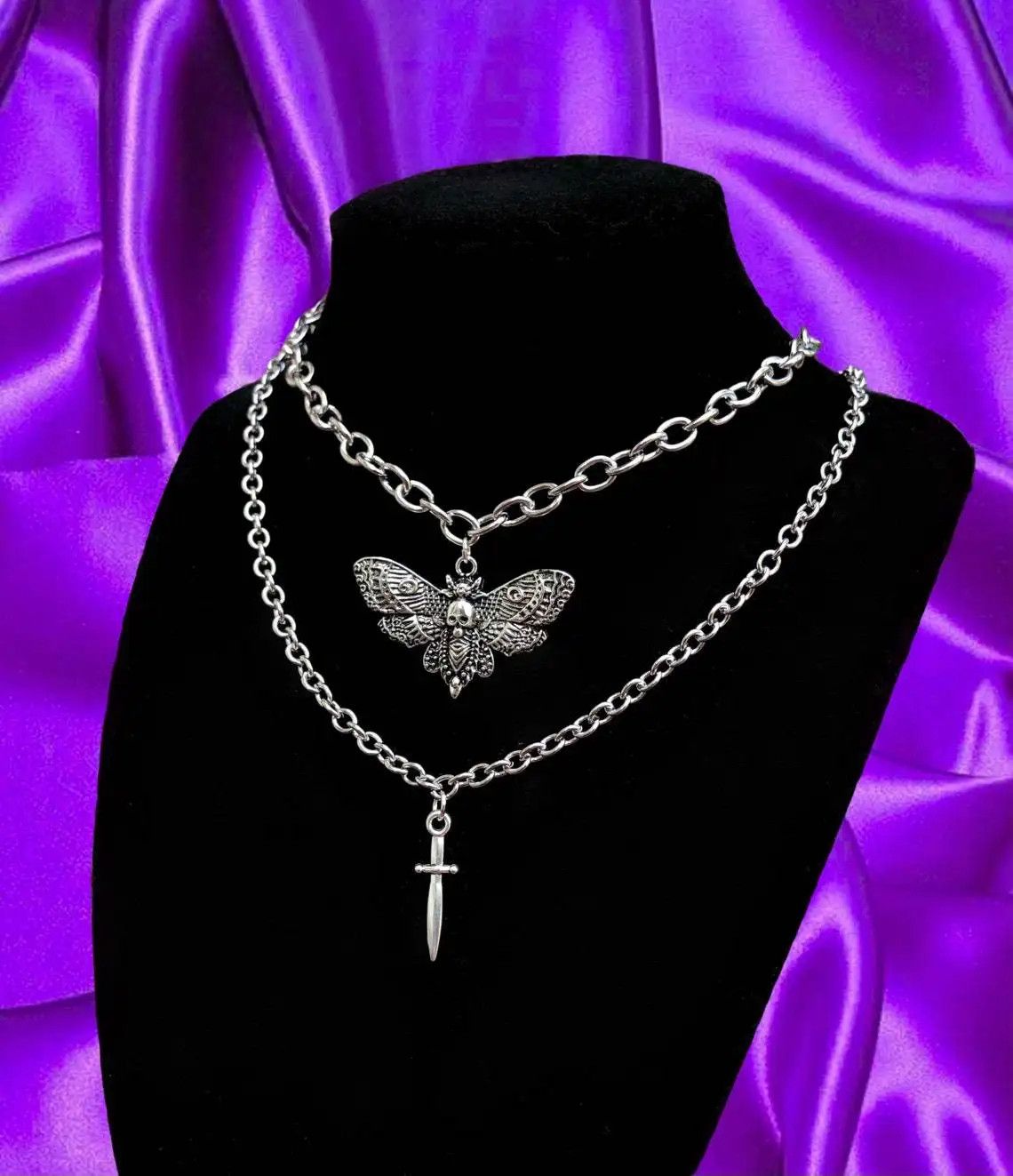 Jewelry Gothic Skull Moth Sword Pendant Necklace Size ONE SIZE - 1 Thumbnail