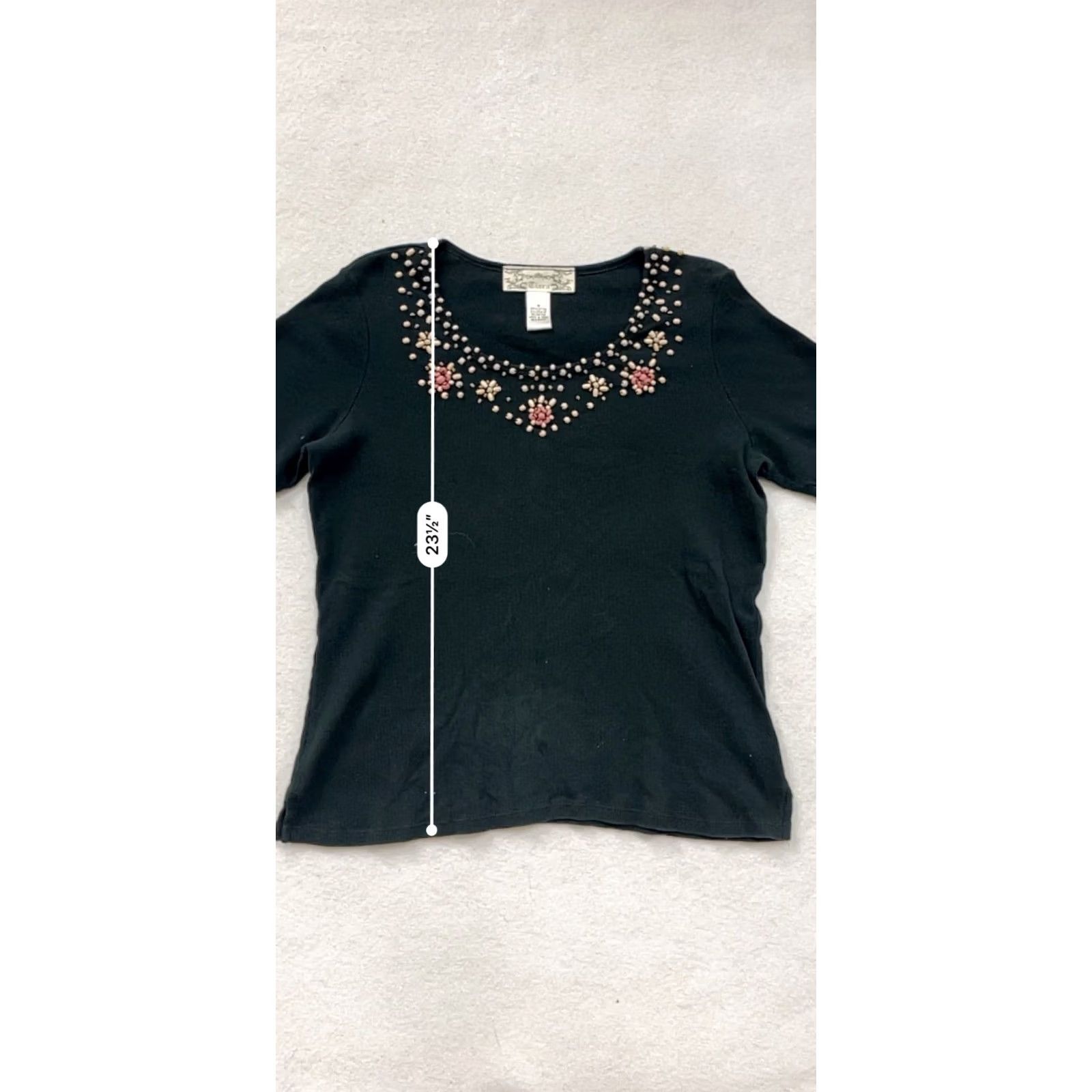 Vintage VINTAGE Tiara Black Embroidered Womens Top M Short Sleeve Shirt Womens M Black Beadwork Cotton Blouse Vintage/Tiara 90s? Size M / US 6-8 / IT 42-44 - 7 Thumbnail
