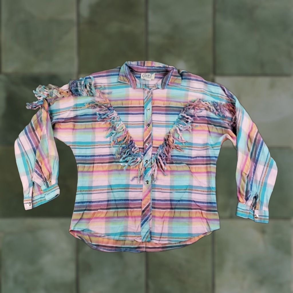 Vintage Vtg Circle T Button Up Shirt Womens Large Blue Pink Plaid Western Fringe Size L / US 10 / IT 46 - 1 Thumbnail