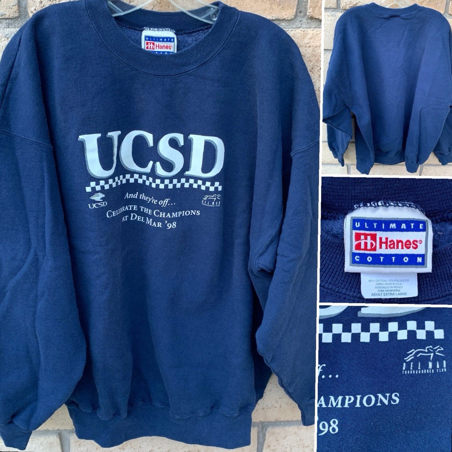 Hanes VINTAGE UCSD Del Mar ’98 Sweatshirt Horses Horse Racing Pullover Graphic Print Unisex Adults XL Blue Hanes Cotton Blend Size US XL / EU 56 / 4 - 2 Thumbnail