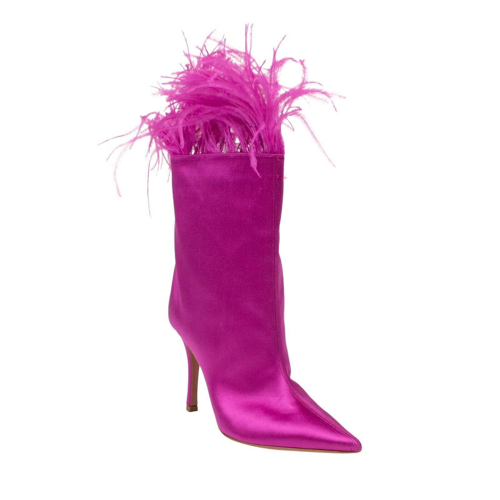 image of Amina Muaddi Pink Satin 'nakia Plume' Heel Shoes Boots Size 8/38, Women's