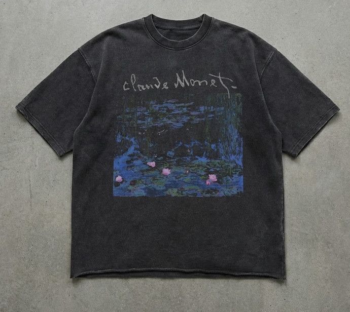Minimalist Zen Claude Monet Lake Art Graphic Washed Tee in Black, Men's