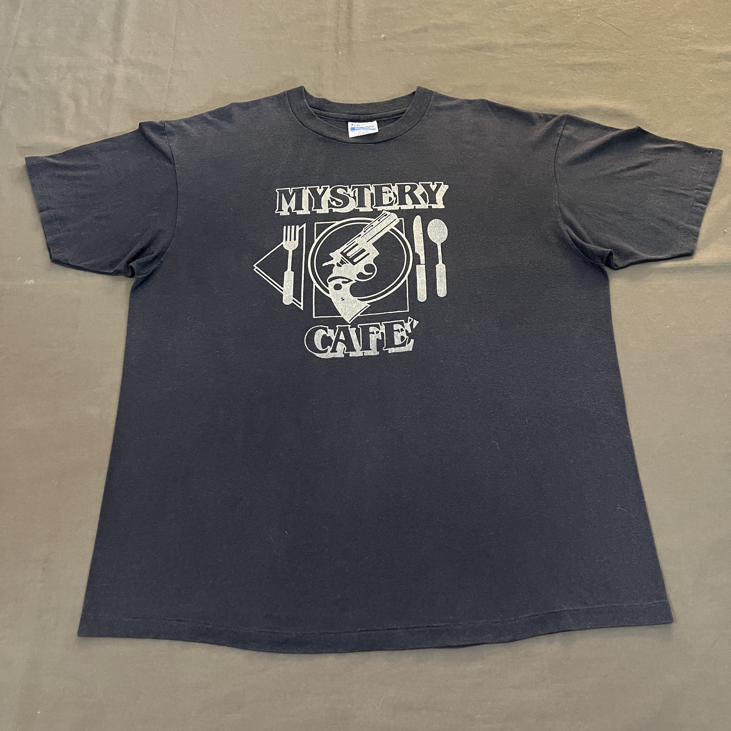 Vintage 90s gun mystery cafe Promo Tee 911 glock Colt Faded