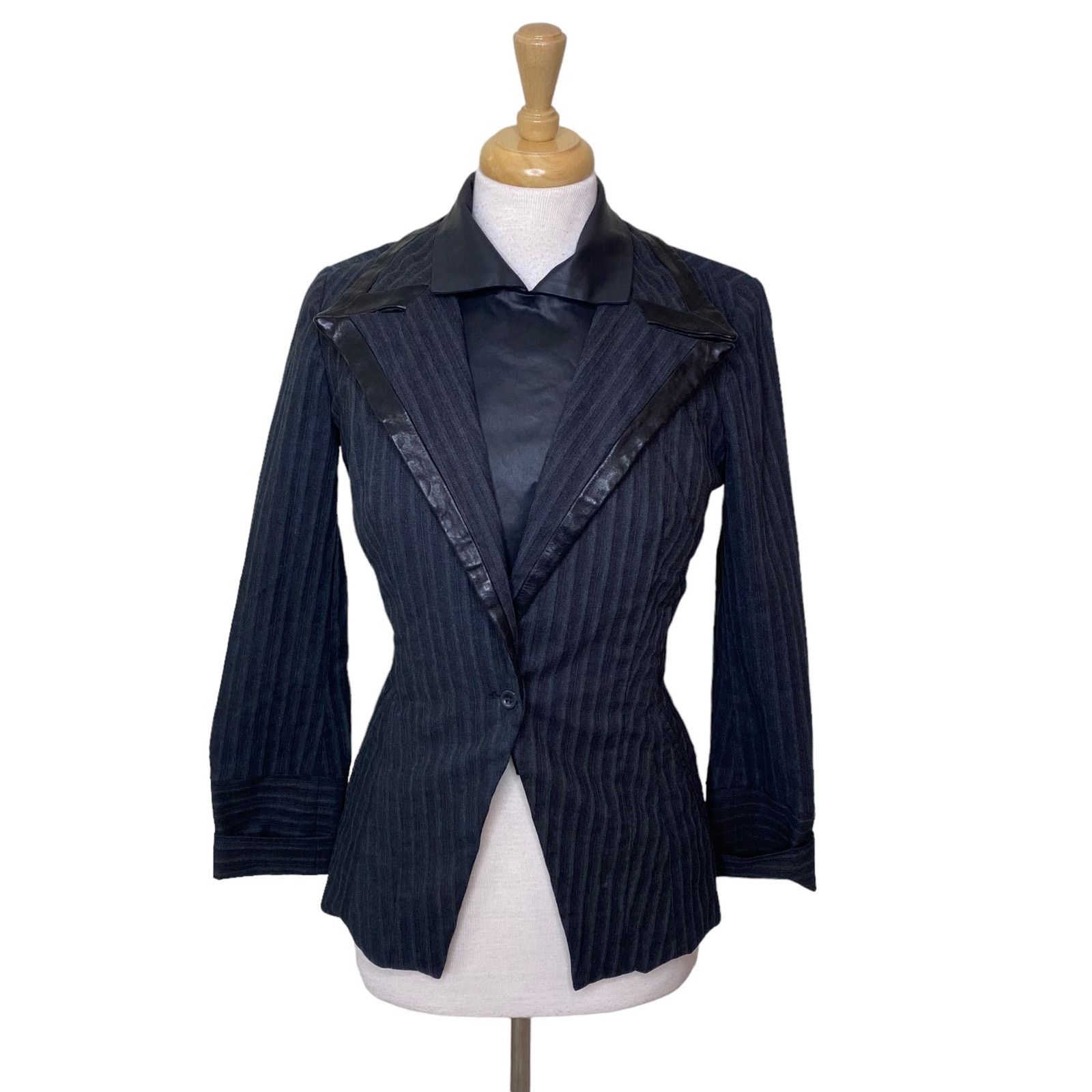 Gary Graham GARY GRAHAM Double Layer Faux Leather Pinstriped Blazer Size S / US 4 / IT 40 - 1 Thumbnail