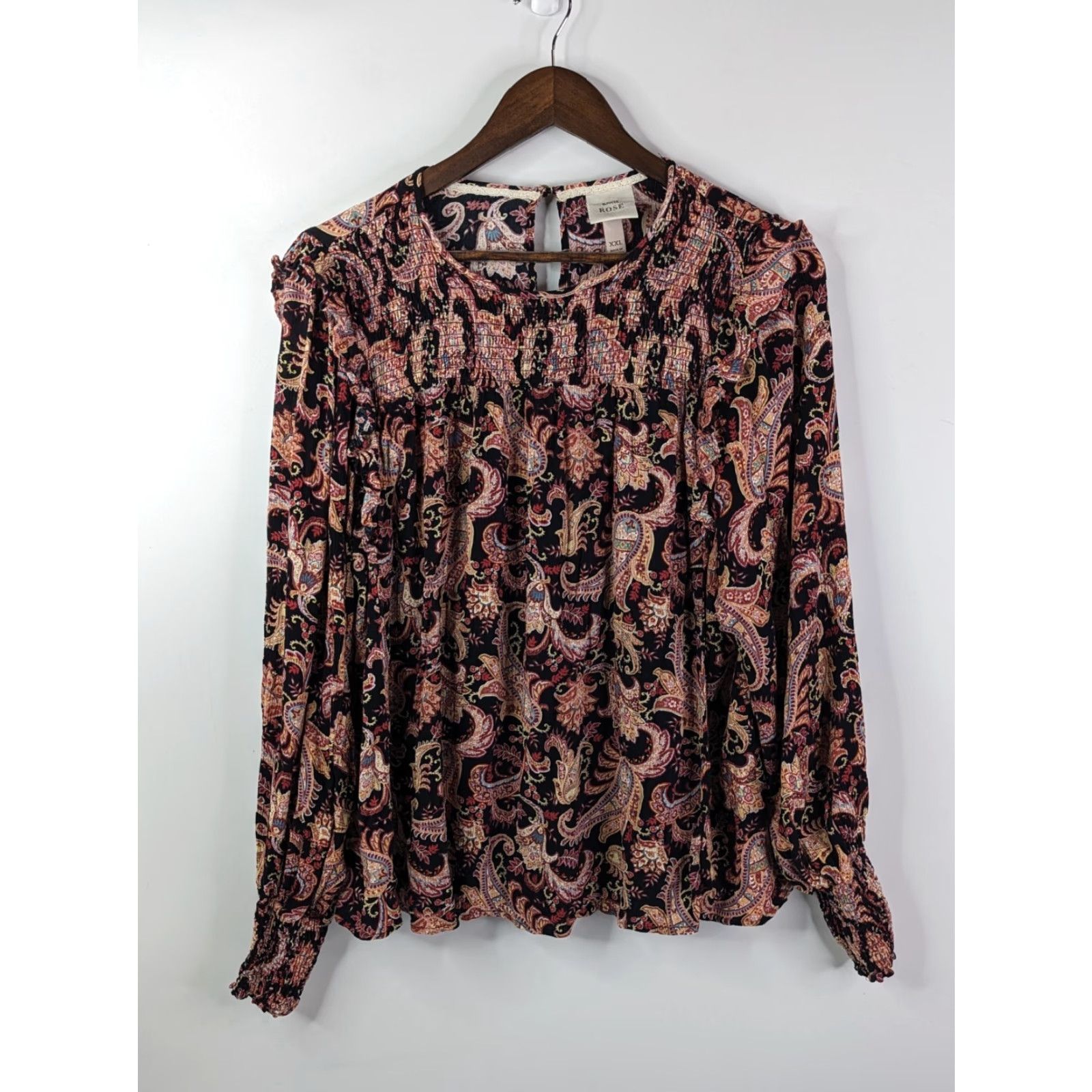 Vintage Knox Rose Blouse 2XL Black Pink Paisley Floral Smocked Ruffle Boho Women's Shirt Size XXL / US 16-18 / IT 52-54 - 2 Thumbnail