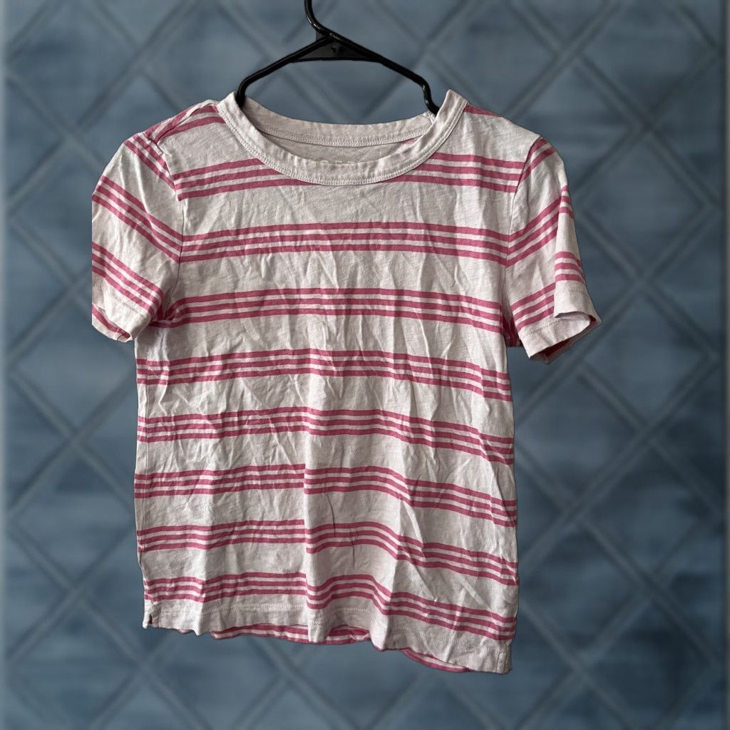 Ann Taylor LOFT Womens T-Shirt Pink White Striped Crew Neck Top Tee MP Petite - Short Sleeve - Cotton Blend - Button Accent - Casual Basic - 2010s - Womens Size M / US 6-8 / IT 42-44 - 1 Thumbnail