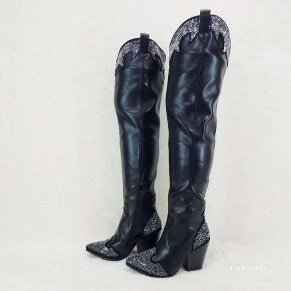 Other Country Western Sexy Black OTK Thigh Boots Rhinestone Trims Size US 11 / IT 41 - 3 Thumbnail