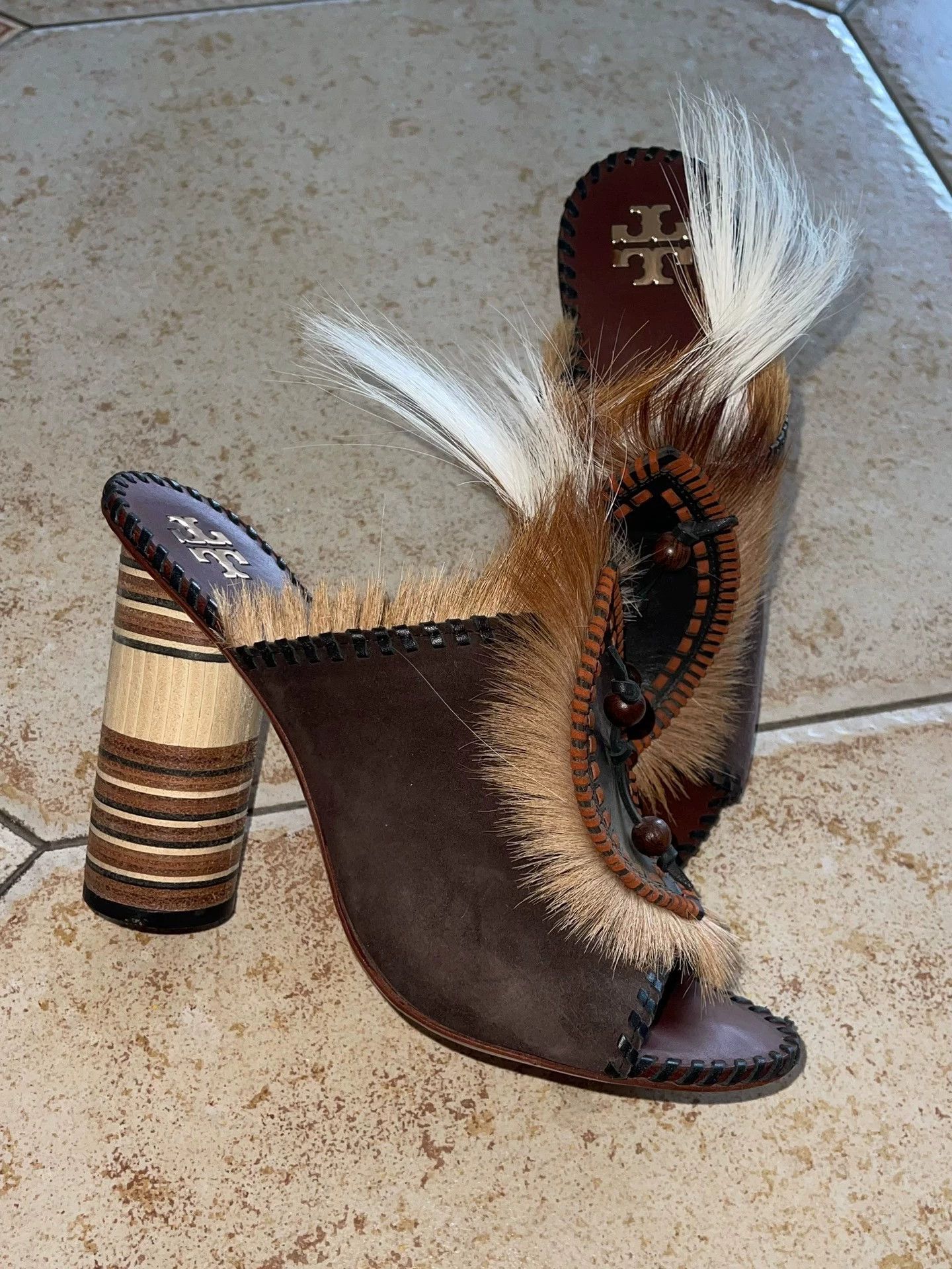 Tory Burch Tory Burch Tribal Haircalf Suede Wood Heel Sandal Slide 38 Size US 7.5 / IT 37.5 - 2 Thumbnail