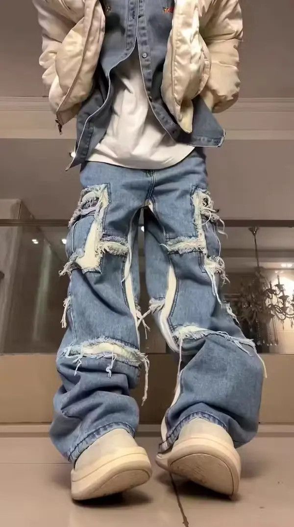 High street ripped raw edge patchwork draped rare jeans