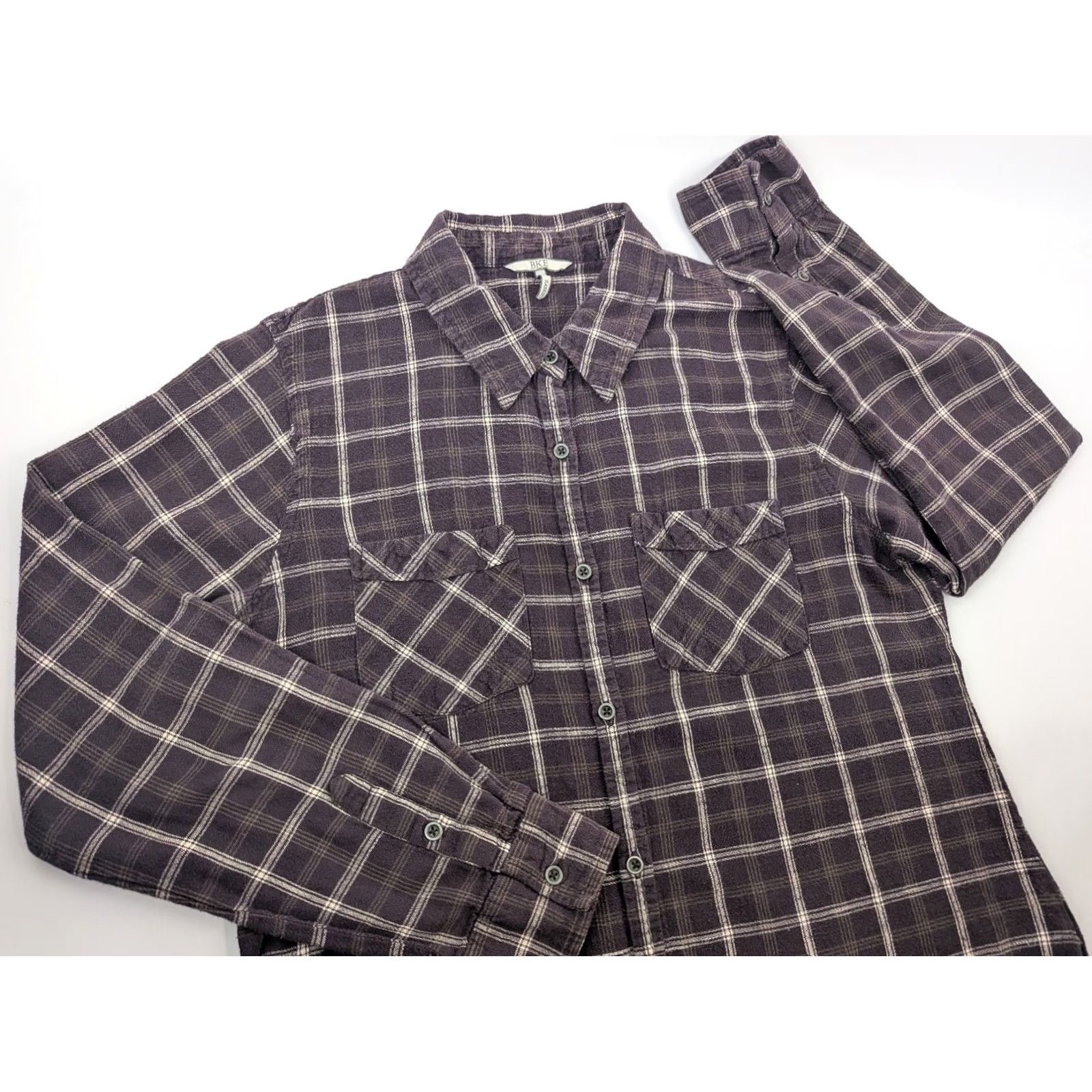 BKE BKE Button-Up Shirt Burgundy Brown Plaid Long Sleeve Women’s Size L/XL Knit 100% Cotton Casual Fall Spring Summer Winter Size L / US 10 / IT 46 - 2 Thumbnail